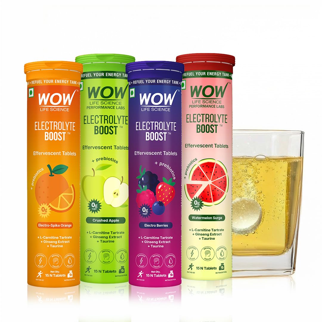 WOW Life Science Electrolyte Boost Effervescent Tablets Combo | Orange, Green Apple, Mixed Berries & Watermelon | 0g Sugar Hydration Drink Mix with Taurine, L‑Carnitine & Ginseng | 15 Tablets Each-image-48