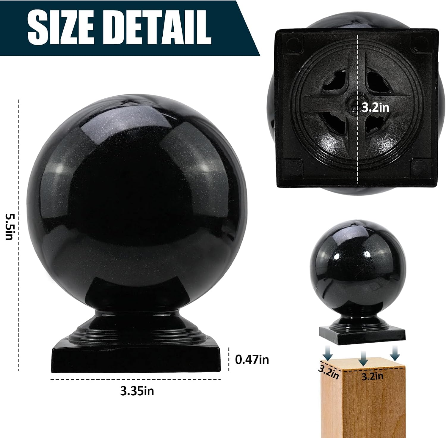 Aluminum Alloy Ball Top Post Caps, Internal Measurement of Actual Dimensions 3.2" x 3.2" Wood/Metal/Mailbox Posts, Weather-Resistant Fence Post Caps for Deck and Fencing