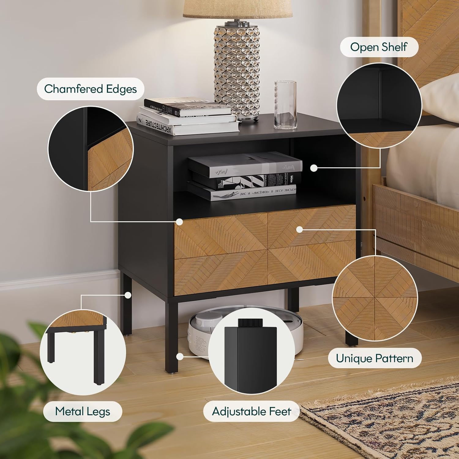 Bme Vivian Solid Wood Nightstand, End Table, Bedside Table with Herringbone Pattern for Rustic Bedroom, Easy Assembly, Rustic Seadrift and Black