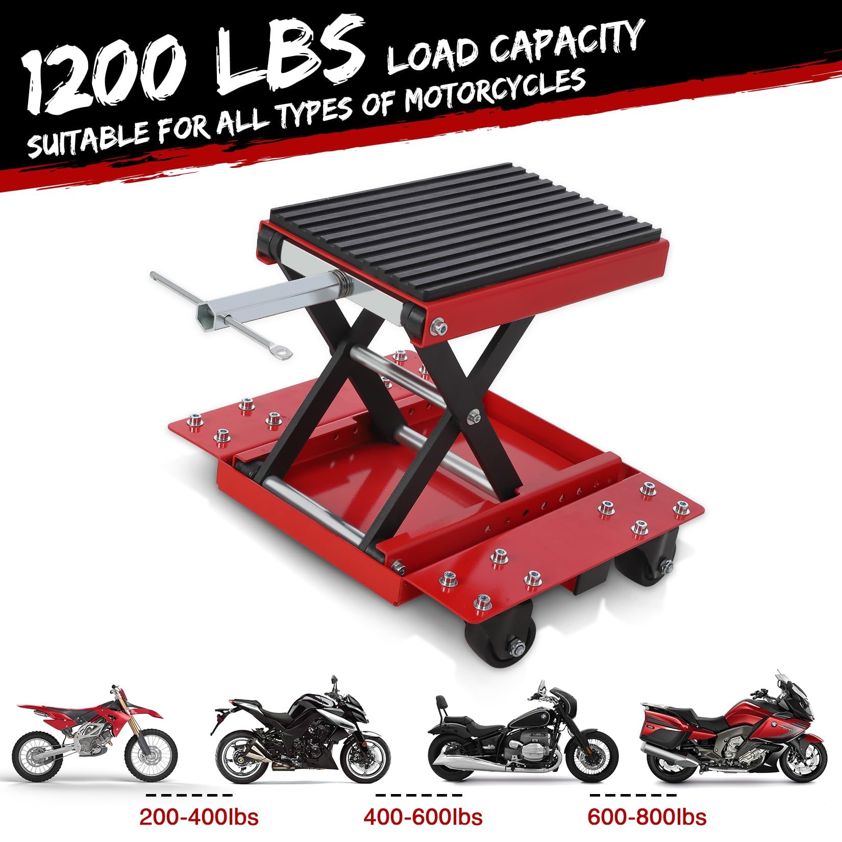 Cric de Levage Moto Robuste 544 kg – Plateforme en Caoutchouc Anti-Dérapante – Chariot Ciseaux à roulettes & Broche de Sécurité – Idéal pour Réparations
