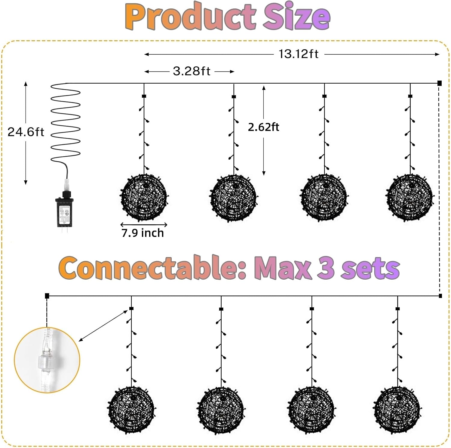 Outdoor Christmas Balls Lights 4 Pack Hanging 7.9" LED Garden Sphere Tree Lights 8 Modes Waterproof Glow Globe Lights with Memory Timer Plug for Yard Porch Eave Patio Home Indoor Decoration-Multicolor - Image 6