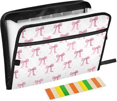 Kcldeci Expanding File Folder, Cute Pink Ribbon Bow 13 Pockets Accordion File Organizer, A4 Letter Size Paper Document Receipt Organizer Accordian Filing Folder for Classroom, Home, Office and Travel