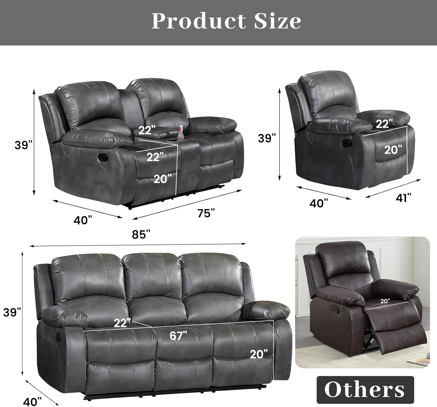 Betsy Furniture 3PC Faux Leather Reclining Couch Set, Living Room Furniture Set, Sofa, Loveseat, Glider, 8018 Multiple Colors (Gray, Sofa+Loveseat+Chair)