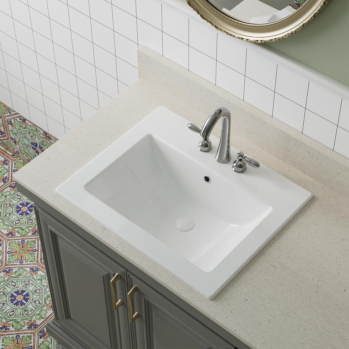 Oaker 550-43 Rectangular 21-5/8" Drop in Bathroom Sink With Overflow, White Ceramic Drop in Lavatory cUPC Certified Cabinet Vanity Sink