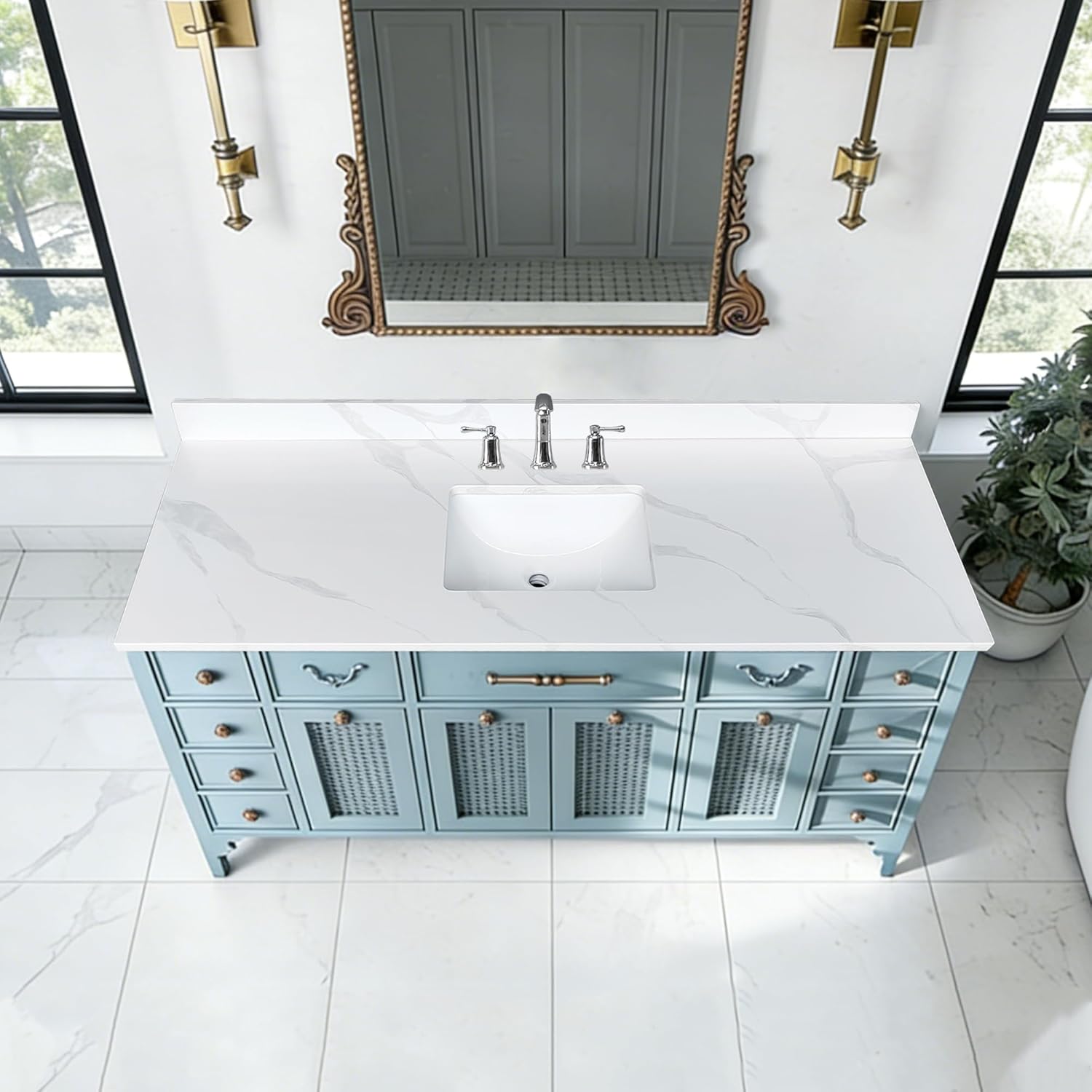 Montary 61-Inch Carrara Quartz Bathroom Vanity Top, 3/4" Thick with Single Undermount Sink & 4" Backsplash, 3 Pre-Drilled Faucet Hole,White Quartz with Veins