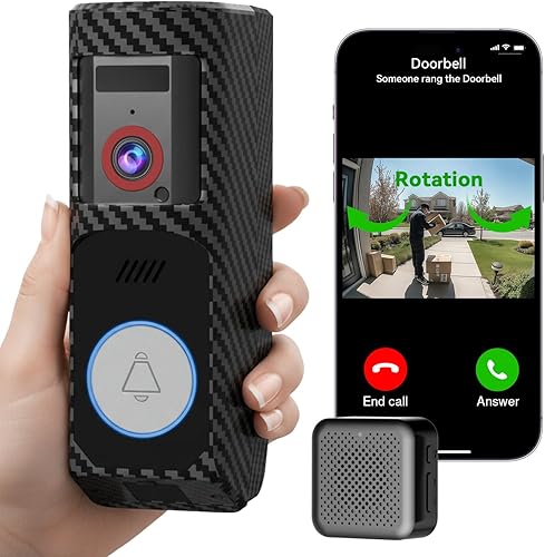 Cámara de Timbre de Video Inalámbrica con Encanto, Cámara HD, Alertas en Tiempo Real Ring Call, Rotación Panorámica, Detección AI, Batería de