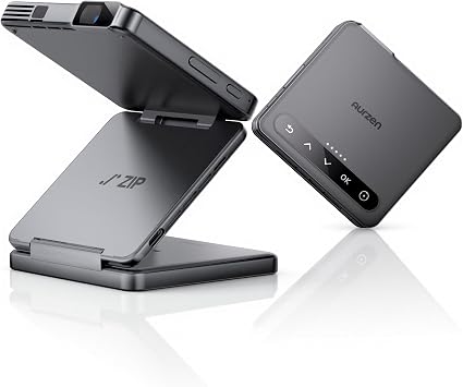Aurzen ZIP Tri-Fold DLP Pocket Mini Projector, 1.5-Hour Playtime, Grey | Bluetooth Pico Projector with ToF Auto Focus and USB-C for Movies, Travel, Cookie Decorating, Drawing, Art Tracing and Sewing