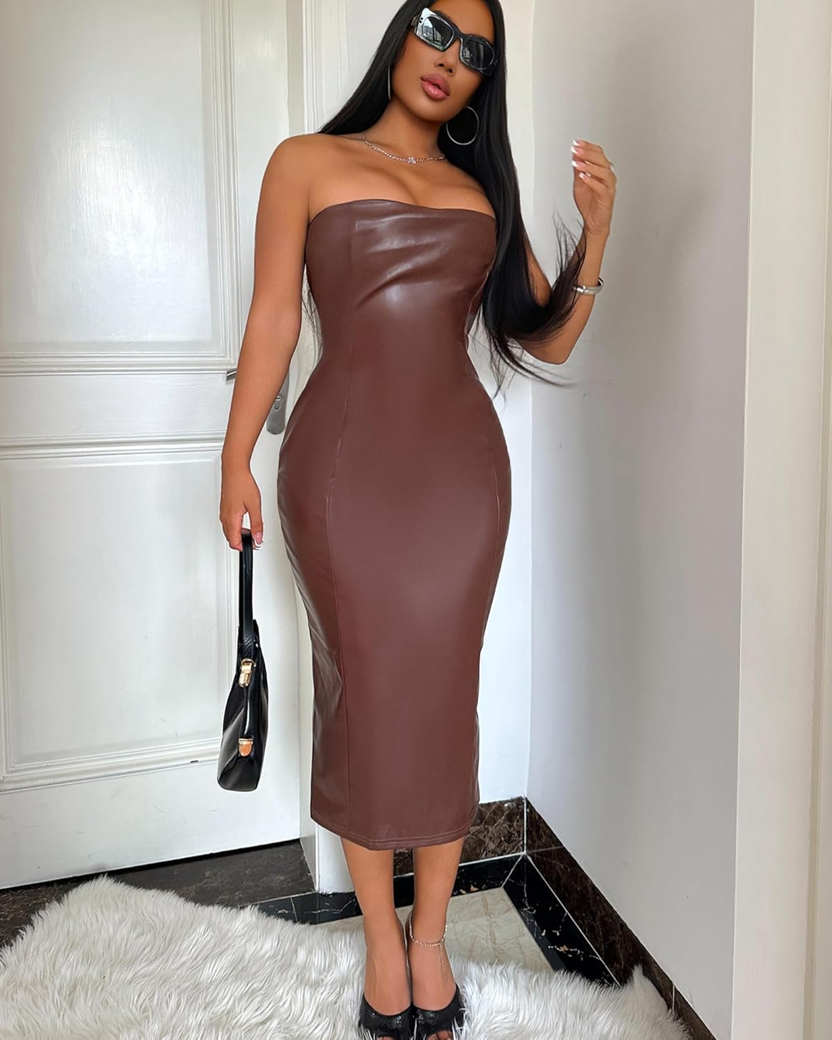 Sliot Women's Sexy Faux Leather Bodycon Dress - Strapless Tube Midi Dress for Evening Party, Cocktail, Wedding - Image 7
