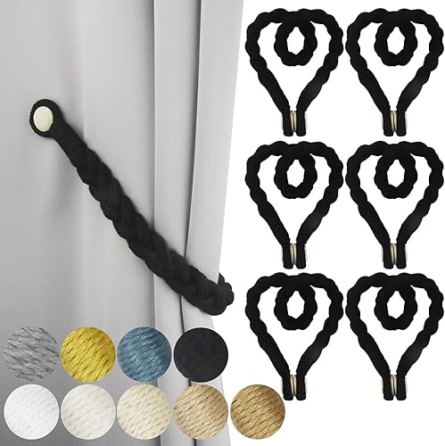 Miniatura 7 de Paquete de 4 alzapaños magnéticos negros suaves para cortinas, de algodón, tejido a mano, con hebilla de madera, para decoración del hogar y la