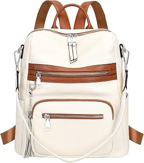 Genuine Leather Backpack Purse for Women Large Shoulder Bag With Laptop Compartment Multiple Pockets (S106 Beige/Brown)