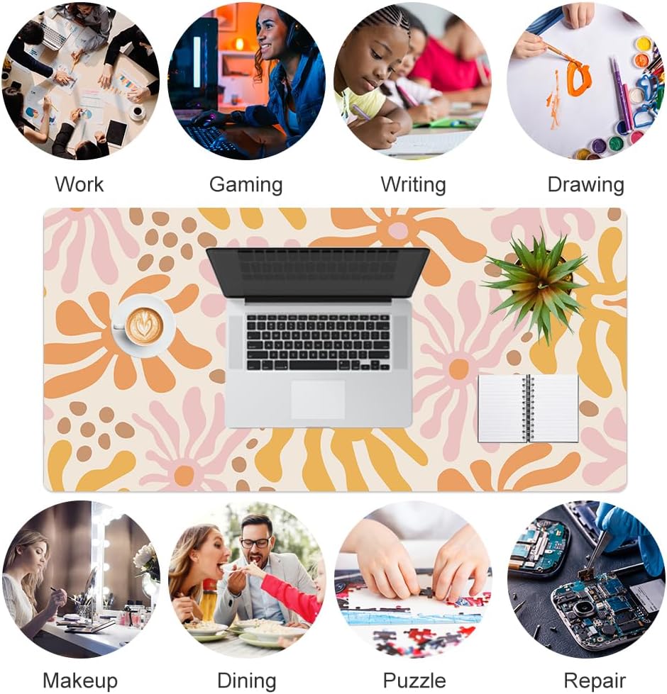 Colorful Star Large Mouse Pad, PU Leather Waterproof Desk Mat, Computer Gaming Mouse Pad, XXL Full Desk Mousepad Non Slip Desk Pad for School Office Home 31.5" x 15.7" - Wavy Flowers - Image 8