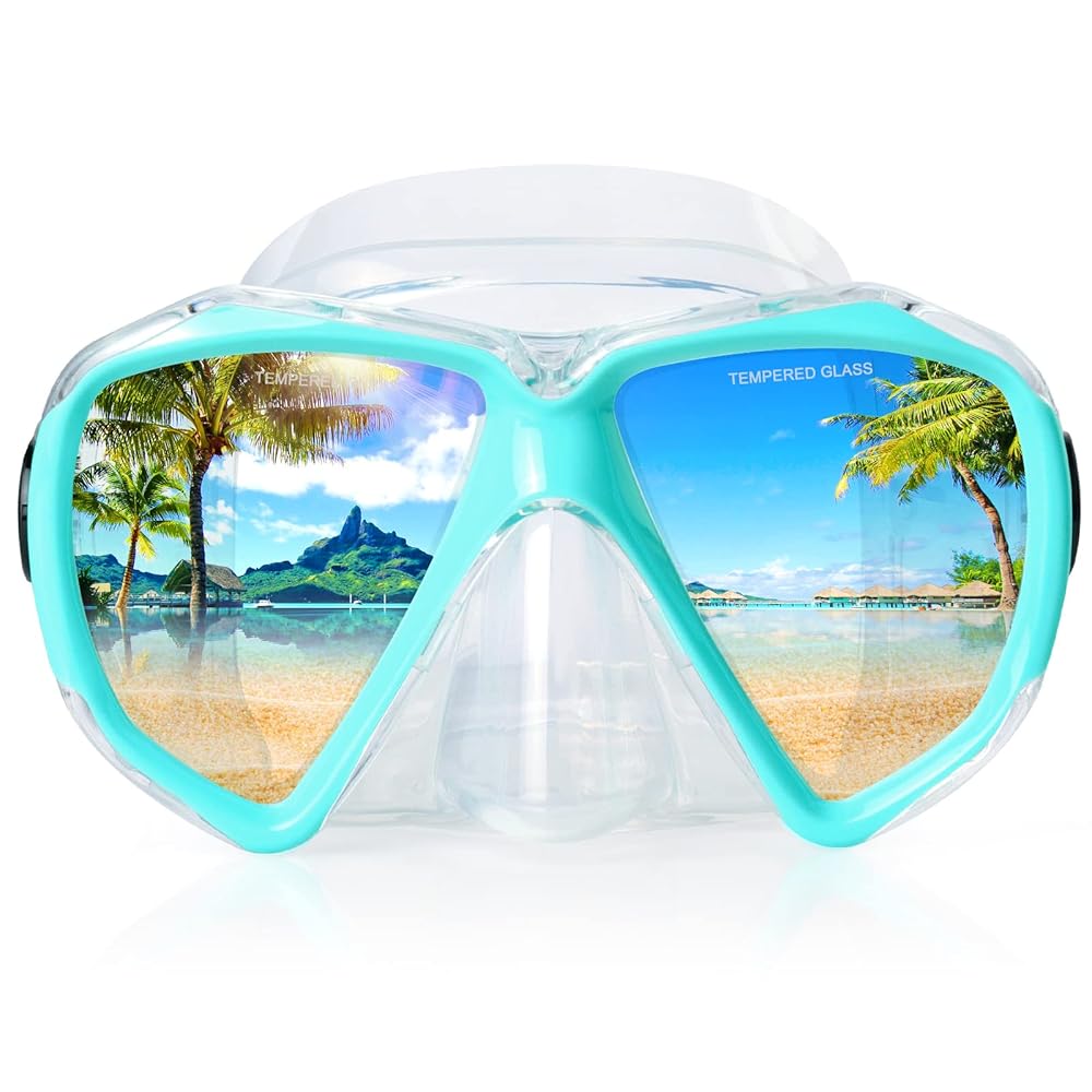 Snorkel Diving Mask Panoramic HD Swim Mask, Anti-Fog Scuba Diving Goggles,Tempered Glass Dive Mask Adult Youth Swim Goggles with Nose Cover for Diving, Snorkeling, Swimming (Lake Green)