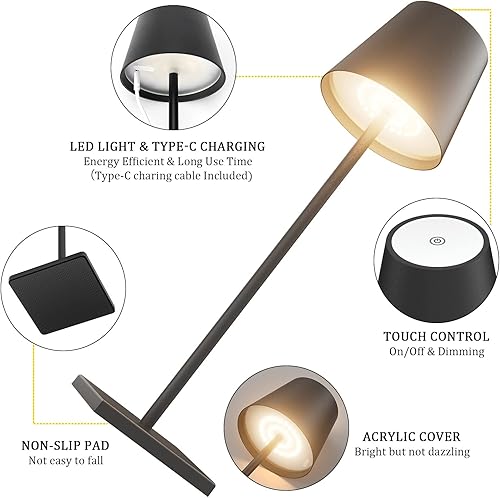 Vista 8 de 2-Pack LED Cordless Table Lamp, Rechargeable Battery Desk lamp 3W 5500mAh Battery Operated Stepless Dimming Modern Portable Table Light for