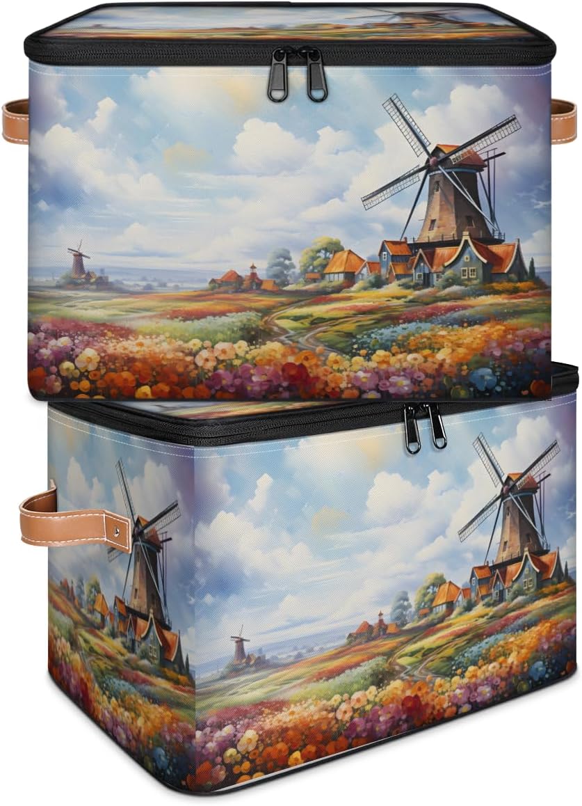 Storage Bin Set of 2 Colorful Windmills Storage Basket with Zipper Lid & Handle Foldable Closet Shelf 2 Pack Cloth Organizer Basket Cube Bins Clothes Organizer for Bedroom, Nursery