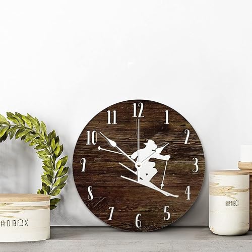 Miniatura 2 de ArogGeld Reloj de pared de esquí de madera, 10 pulgadas, silencioso, sin tictac, funciona con pilas, para sala de estar, dormitorio, cocina,