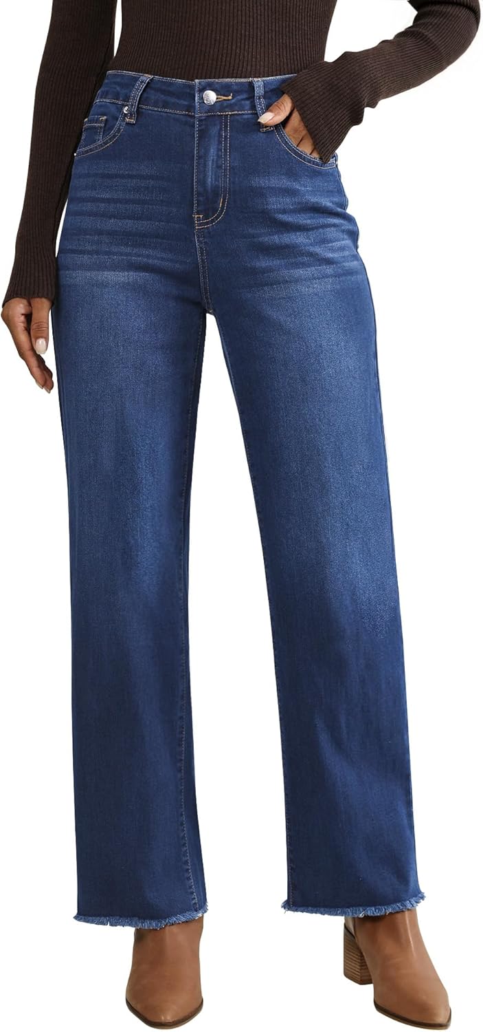 Vetinee Straight Leg Jeans for Women Trendy High Waisted Frayed Hem Stretchy Denim Pants Relaxed Casual Trouser Jeans