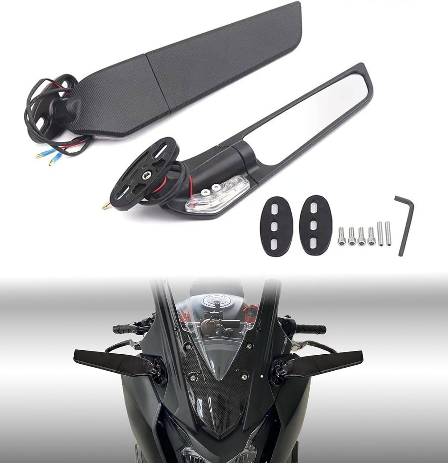 Motorcycle Rear View Mirrors Winglets Mirrors with LED Turn Signal Lights Stealth Mirror Fit for Honda CBR300R 500R 600RR Yamaha R1 R6 R3 Kawasaki Ninja ZX4R ZX6R ZX10R Suzuki GSXR 600 750