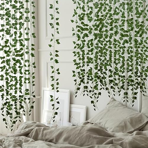 ARIATI 12 x Strands Total Length 84 Ft / 24 metre Scindapsus Garland Fake Vines Artificial Ivy Leaves Plants Hanging Greenery Plant for Bedroom Wall Decor Indoor Outdoors