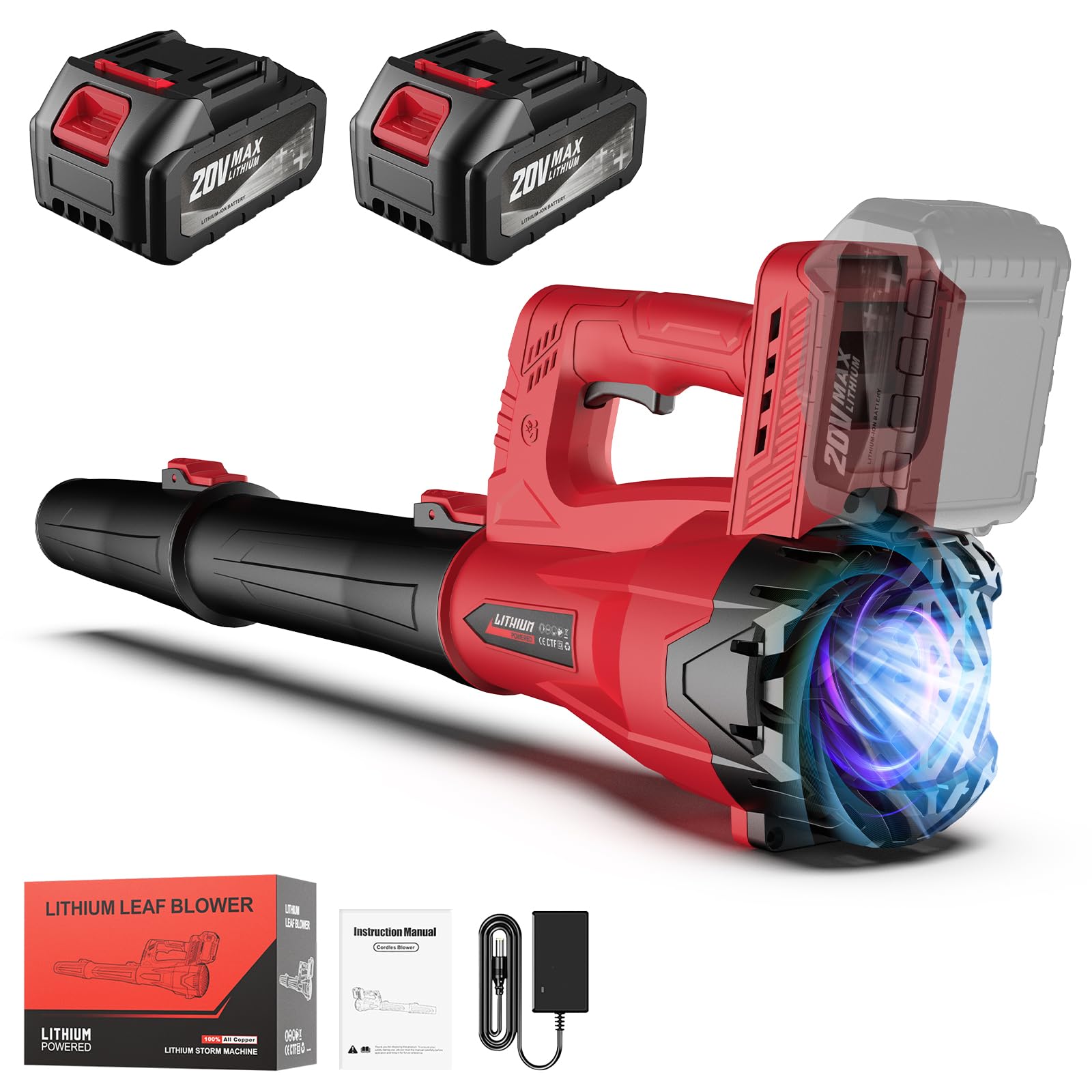 Soplador de hojas inalámbrico con 2 baterías y cargador, soplador de hojas de alta velocidad de 160 MPH 580 CFM con 2 tubos, sopladores de hojas eléctricos ligeros de mano de 20 V para cuidado del