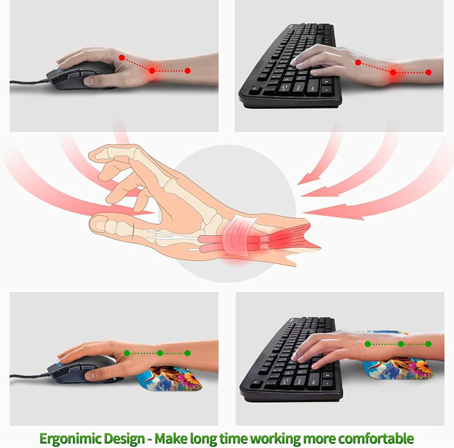 3-Piece Ergonomic Desk Mat & Cloud Wrist Rest Set, Large 31.5" x 11.8" Wave Office Desk Pad with Memory Foam Support Non-Slip Computer Protector for Home, Gaming, Mountain Flower Cow