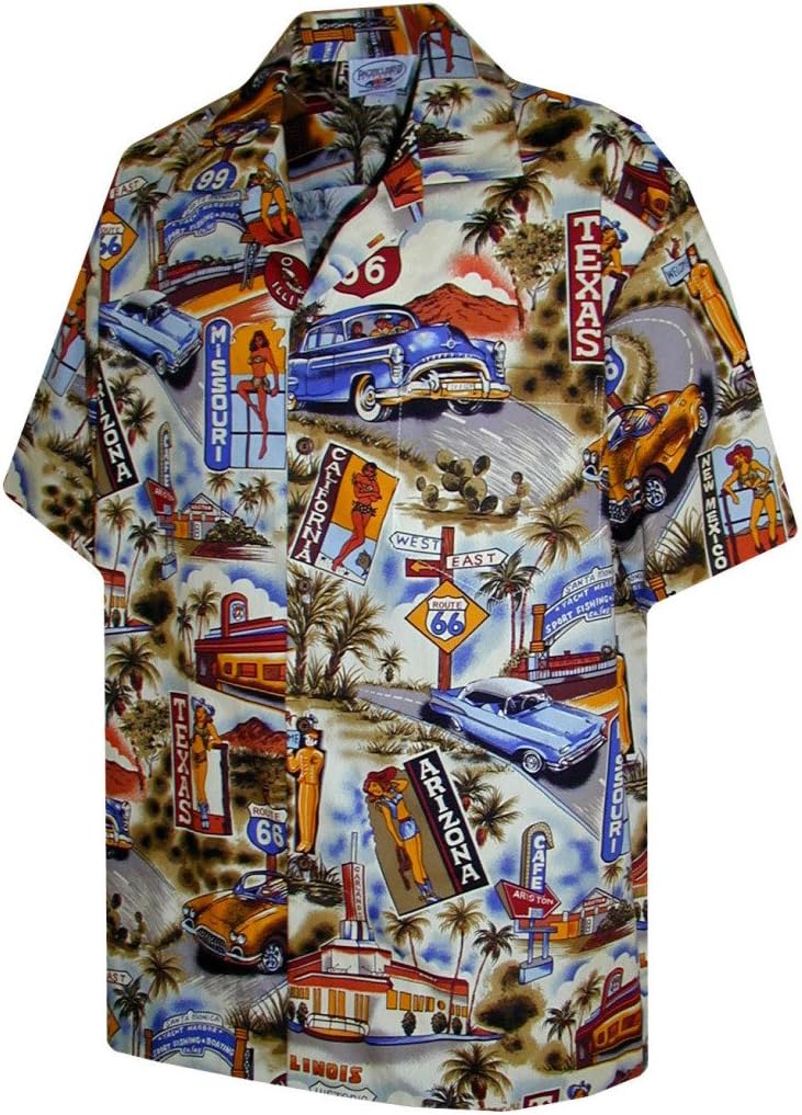 Route 66 Hawaiian Shirts - Mens Hawaiian Shirts - Aloha Shirt - Hawaiian Clothing - 100% Cotton Khaki XL
