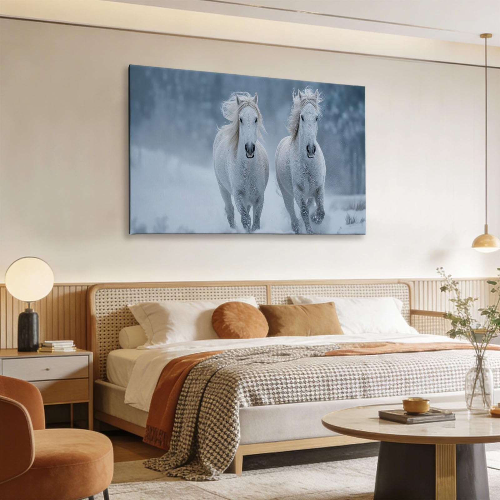 Generisch Natürlich Tier Weißes Pferd Modernes Leinwandbild 120L x 80B cm mit Rahmen, Reinweiß XXL Wanddeko für Wohnzimmer Geschenk Idee Einzug - Hochwertiger Kunstdruck auf Holzrahmen