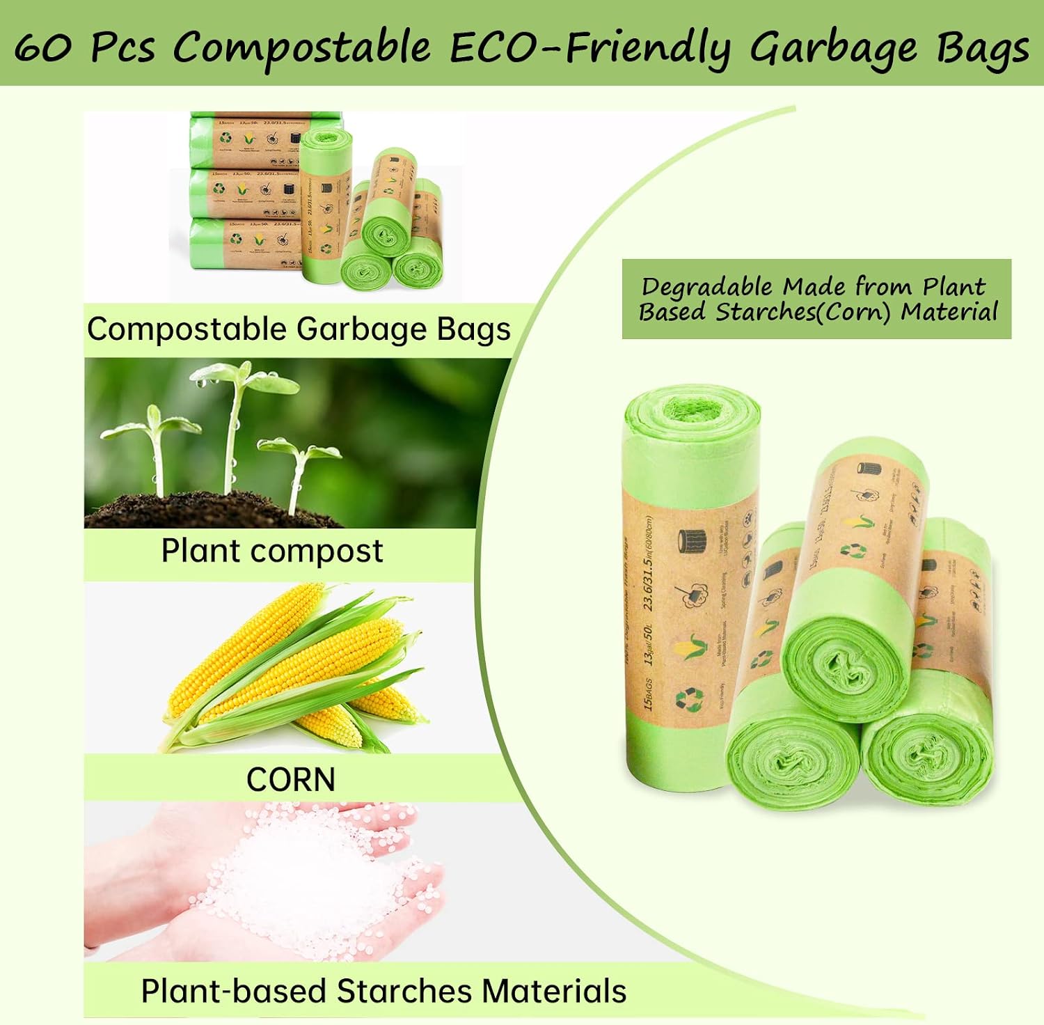 Compostable Trash Bags 13 Gallon Tall Kitchen Garbage Bags, Biodegradable Eco-Friendly Recycled Trash Bags with Strong Tear and Leak Resistant, 60 Count Unscented Trash Can Liners