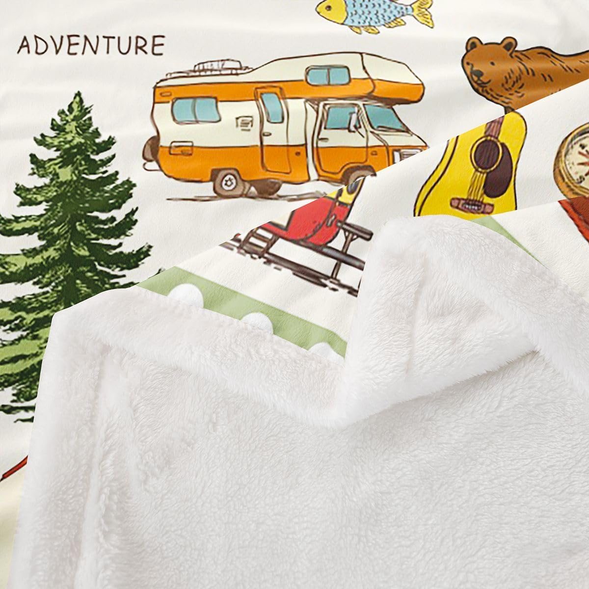 Camper Throw Blanket Camping Tent Blanket Camping Gear Must Haves, Happy Glamping Trailer Fleece Blanket Lodge Cabin Cottage Camfire Bed Blanket 90"x90", Camping Accessories Rustic Camper Decor