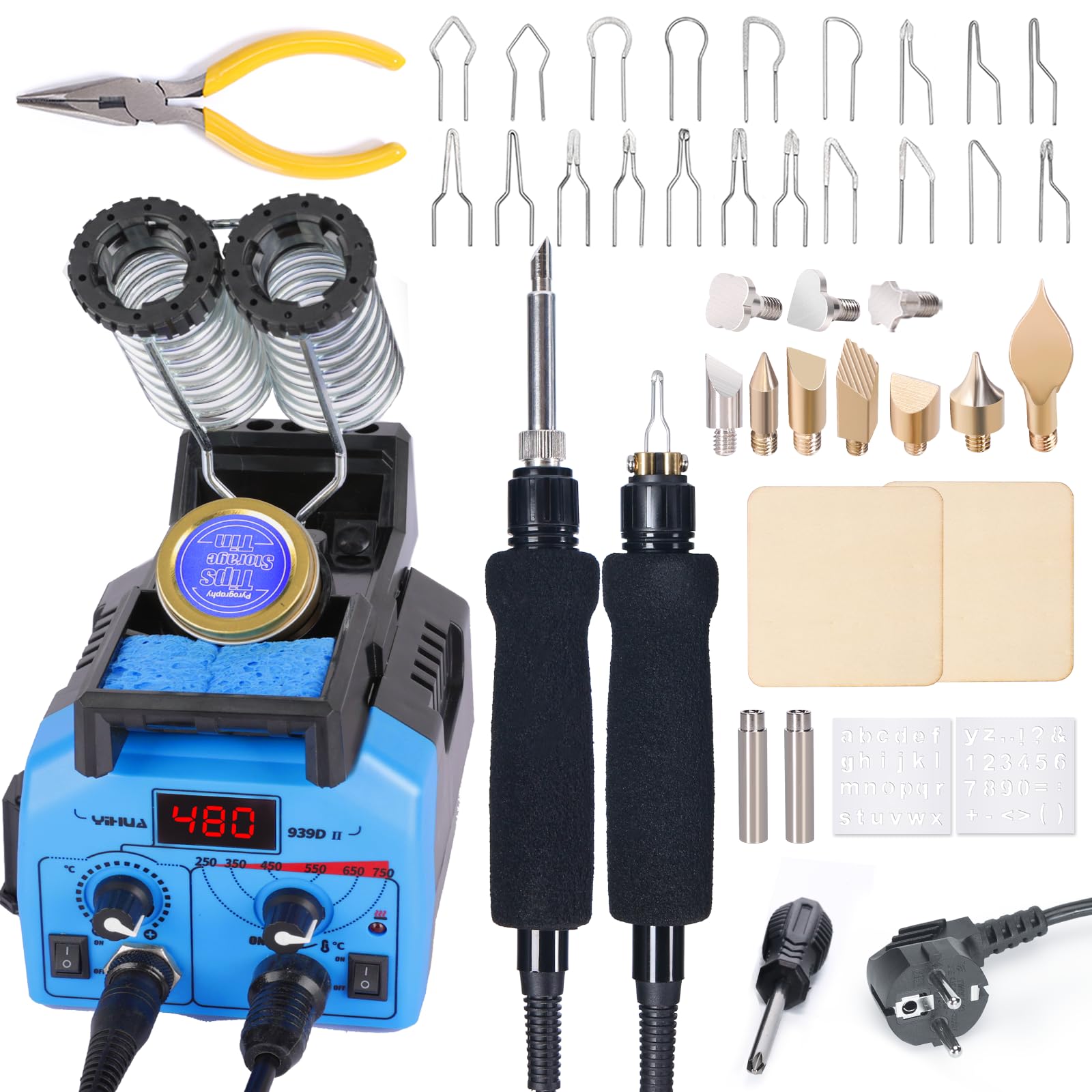 YIHUA 939D-II Kit Pirografo Per Legno Penna Pirografica con Pennino a Filo + Penna Pirografica a punta solida 2-IN-1 con 20 punte a filamento e 10 Pirografo con punta piena(EU PLUG)
