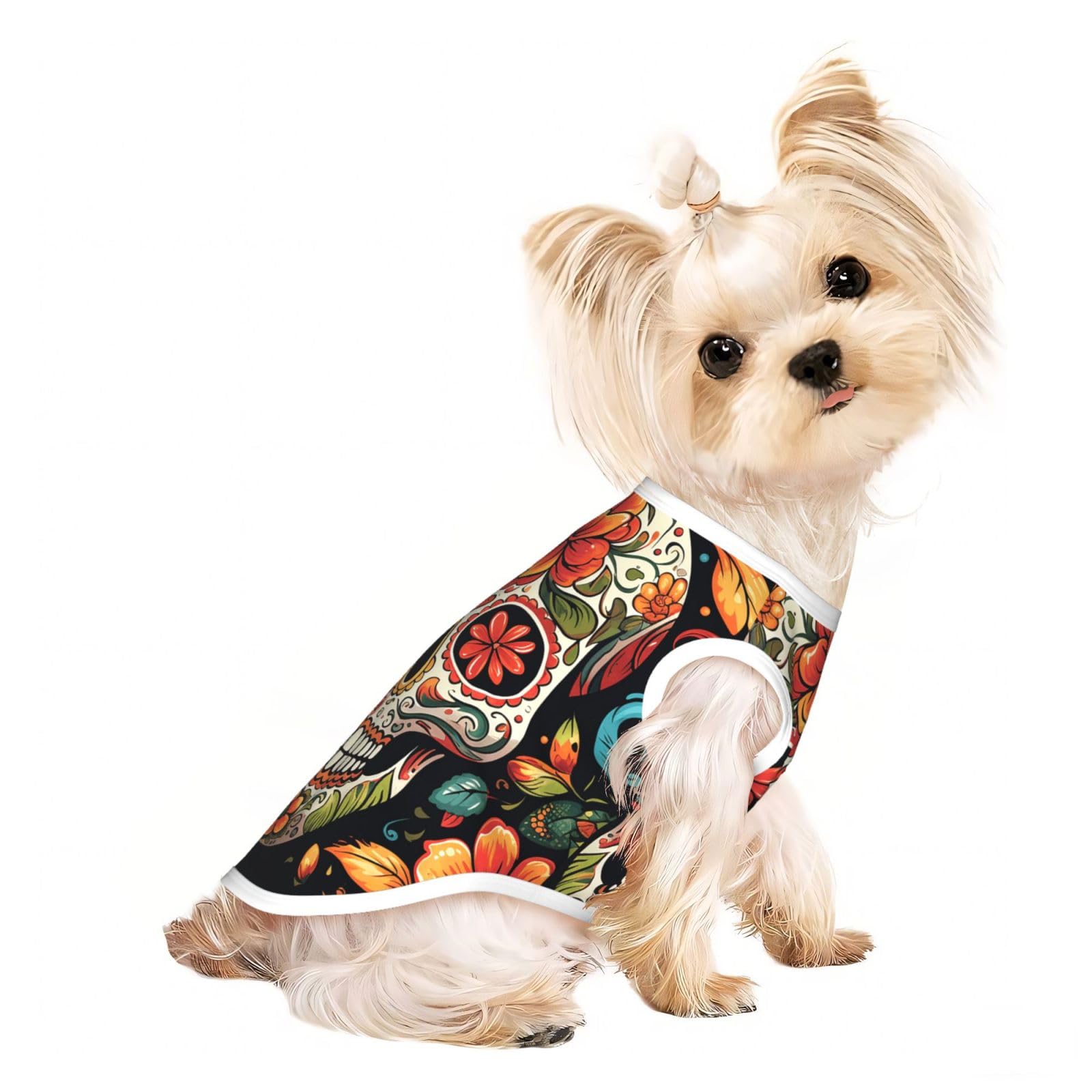 Cotton Dog Shirt Large, Soft Breathable Pet T-Shirts Stretchy Cats Dogs Tee Shirt Sleeveless Vest Colorful Sugar Skull Dog Apparel for Medium Small Dog Clothes