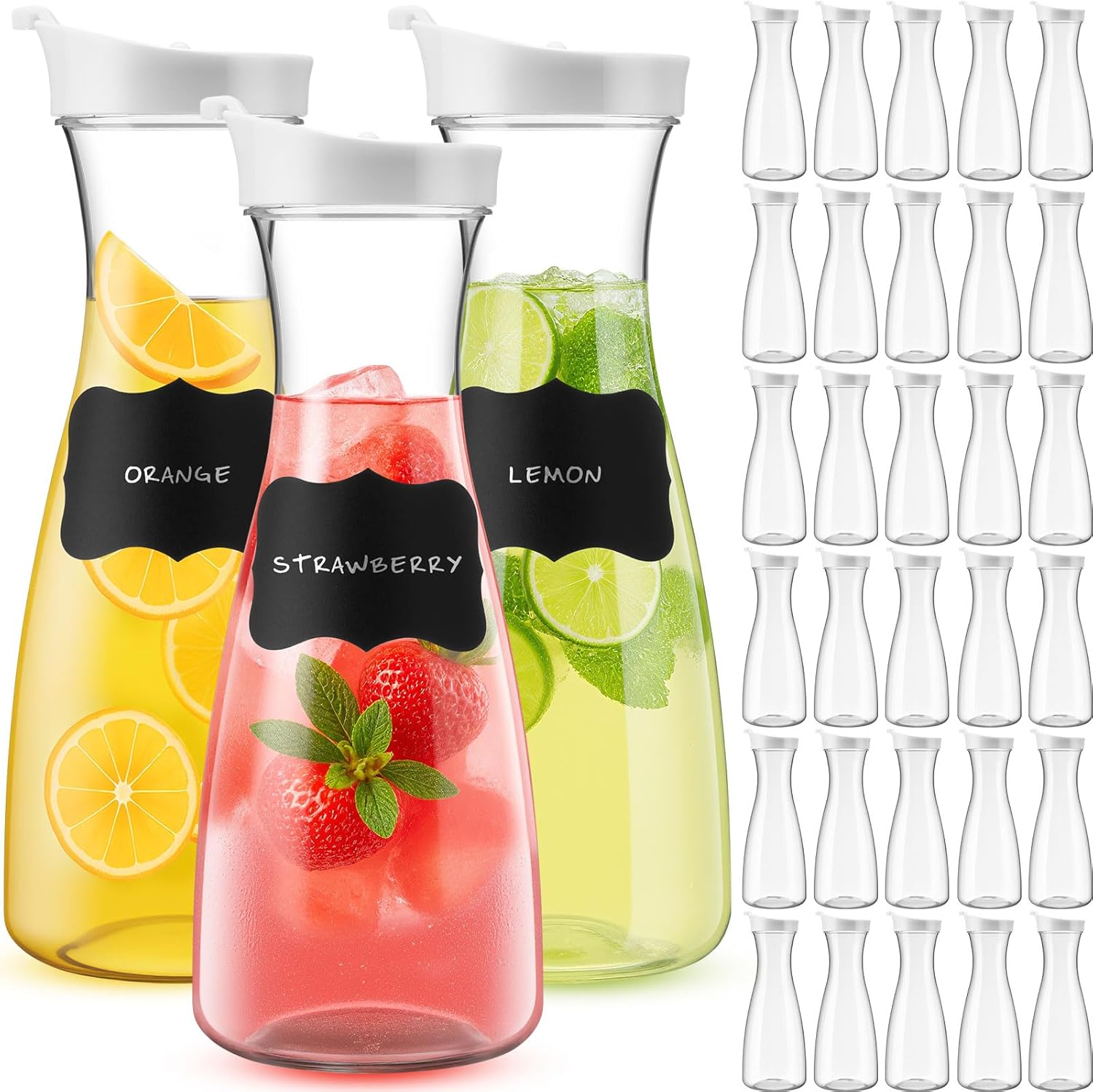 30 Packs Plastic Carafe with Lids, 34 oz Clear Mimosa Juice Containers, 4 Stickers and 1 Marker Carafe Pitcher Drink Containers for Fridge Outdoor Iced Tea Juice Party Mimosa Bar