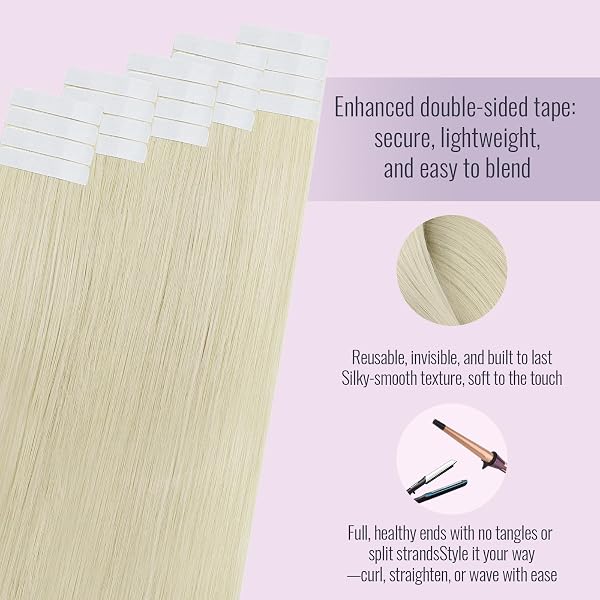 Fshine Extensiones de cabello humano rubio con cinta adhesiva, 12 pulgadas, pelo humano blanco para corto, 20 unidades, 30 g, extensiones reales - 3