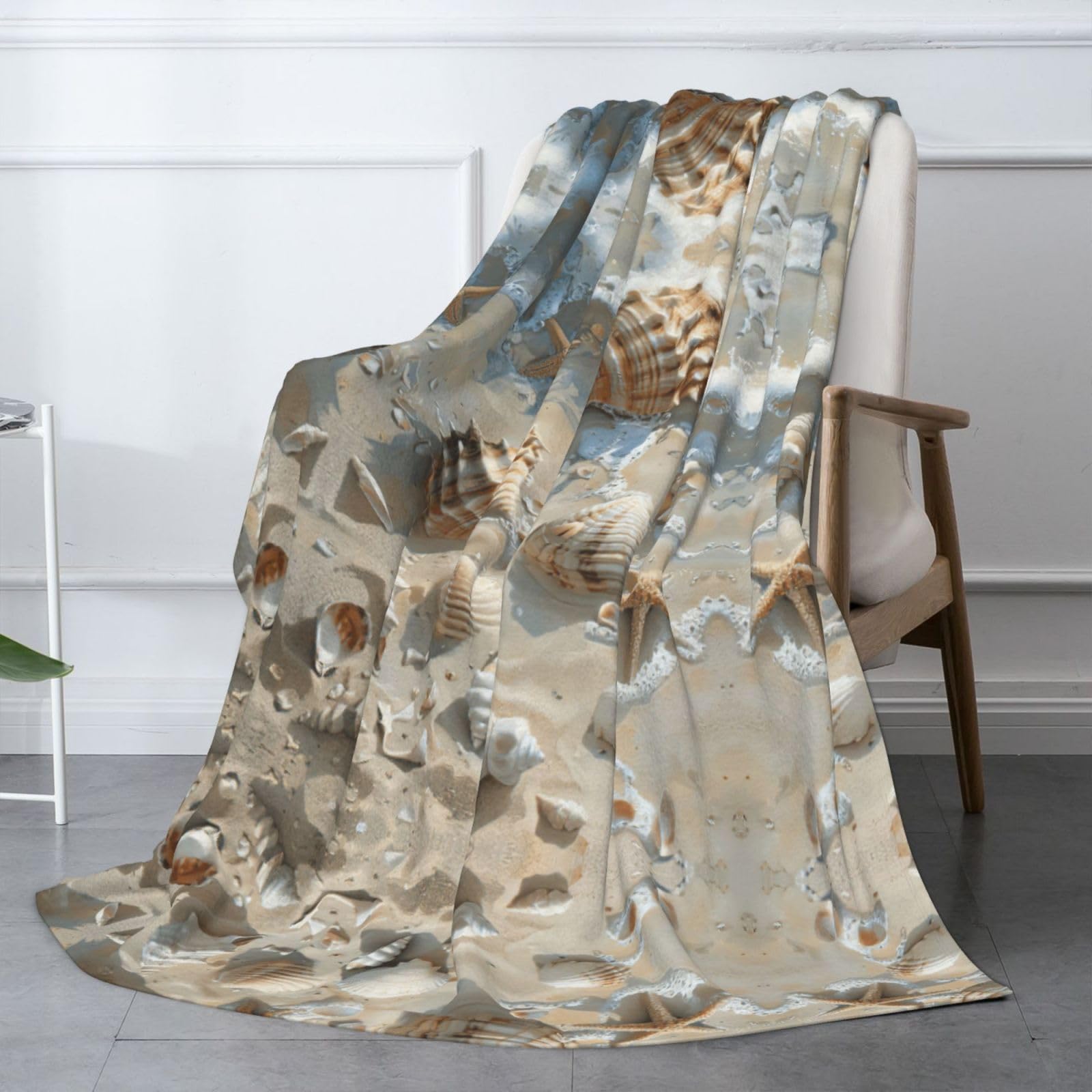 Gemütliche Flanelldecke, 178 x 203 cm, Muschel-Sanddruck, Überwurf für Sofa, Bett und Camping, weiche Winterdecke für ultimativen Komfort und Wärme