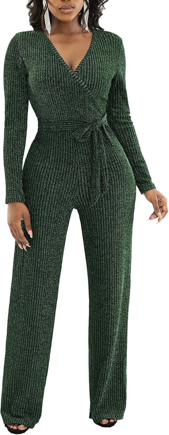 LightlyKiss Women's casual sexy V-neck sparkling jumpsuit long sleeve loose jumpsuits Fashion Club party Rompers with belt - Image 5