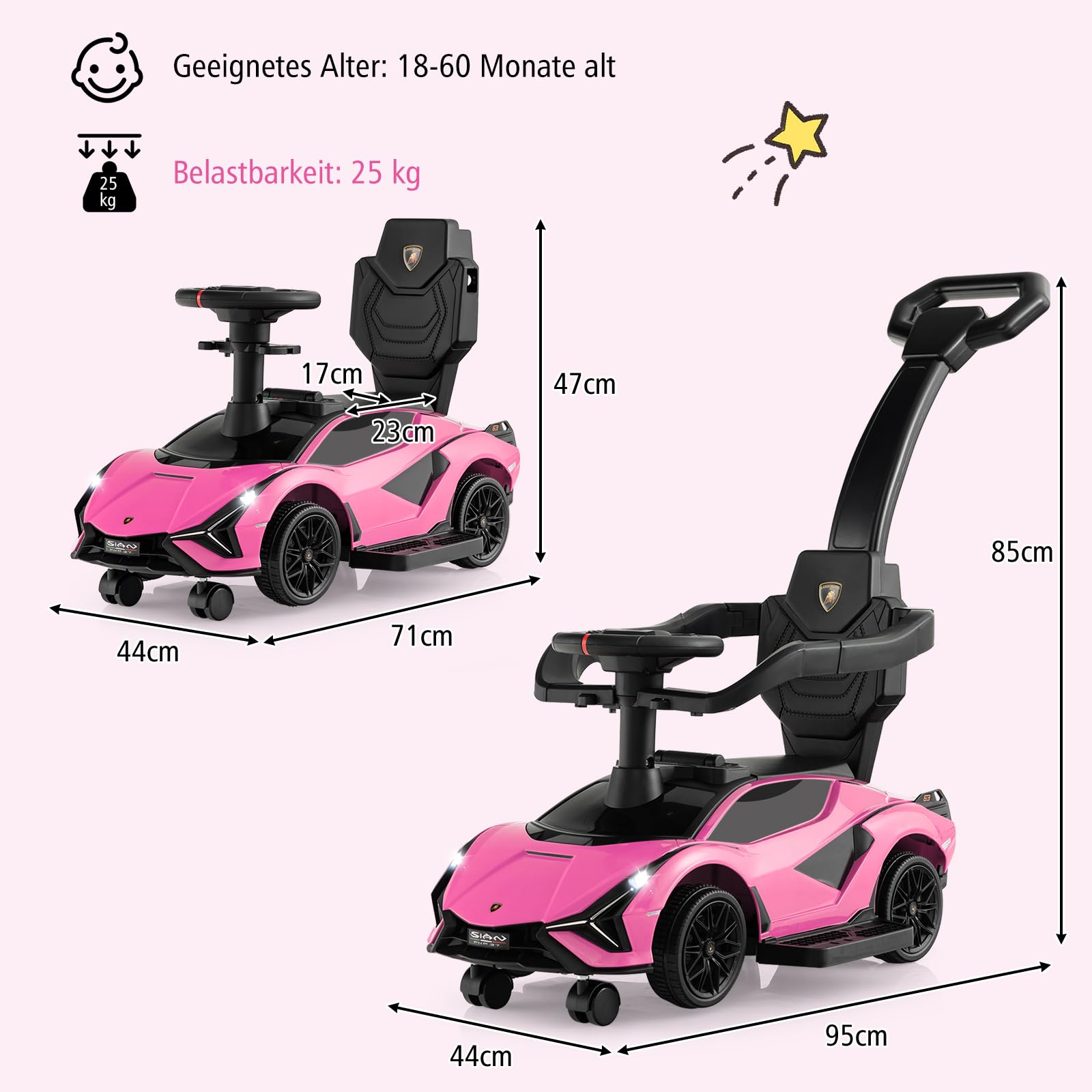 COSTWAY 3-in-1 Lamborghini Rutschauto, Schiebauto mit Scheinwerfern & Musik & Stauraum, Rutschfahrzeug mit abnehmbaren Schiebegriff & Universalrädern, Rutscher Auto für Kinder ab 1 Jahr (Rosa)