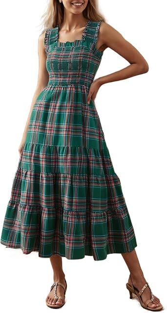 Womens Smocked Plaid Maxi Dress Casual Summer Square Neck Sleeveless Tiered Ruffle Dresses Christmas Outfits