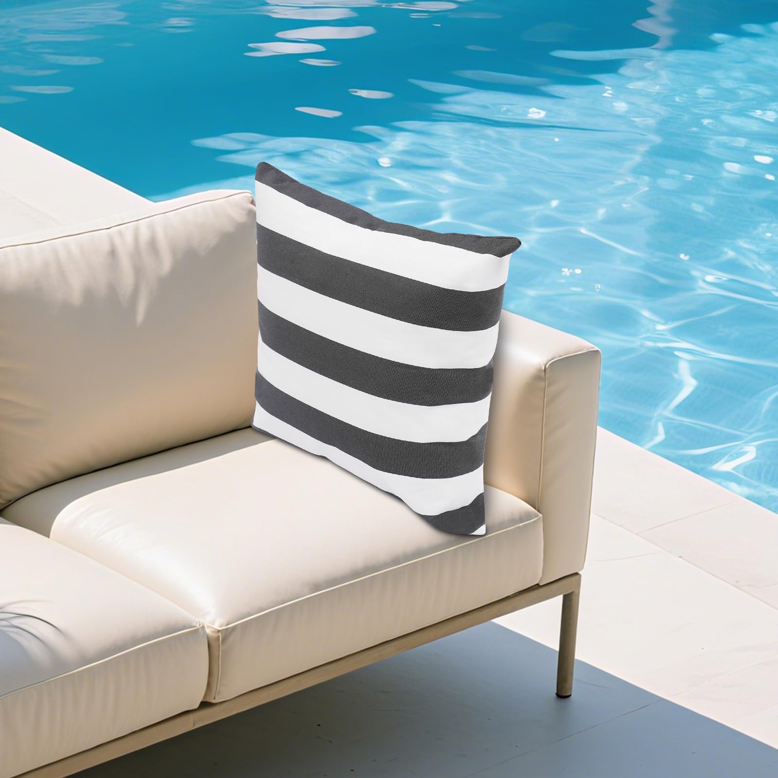 Coussin d’extérieur avec garnissage imperméable Sofakissen 45x45cm, motif rayé, fermeture éclair invisible pour jardin, balcon, canapé et plage (Noir, Blanc)