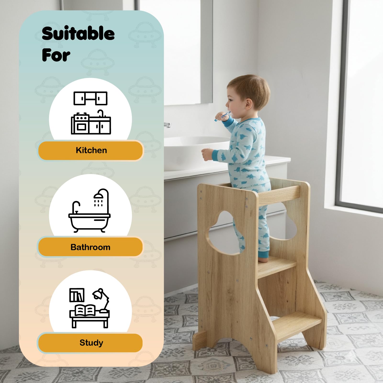 COSYLAND Kleinkind Stehturm Höhenverstellbar - Holz-Tritthocker Lernhilfe für Küchentheke, Bad, Kinderzimmer - Stabiler Kinder-Tritthocker für Küche (Natur)