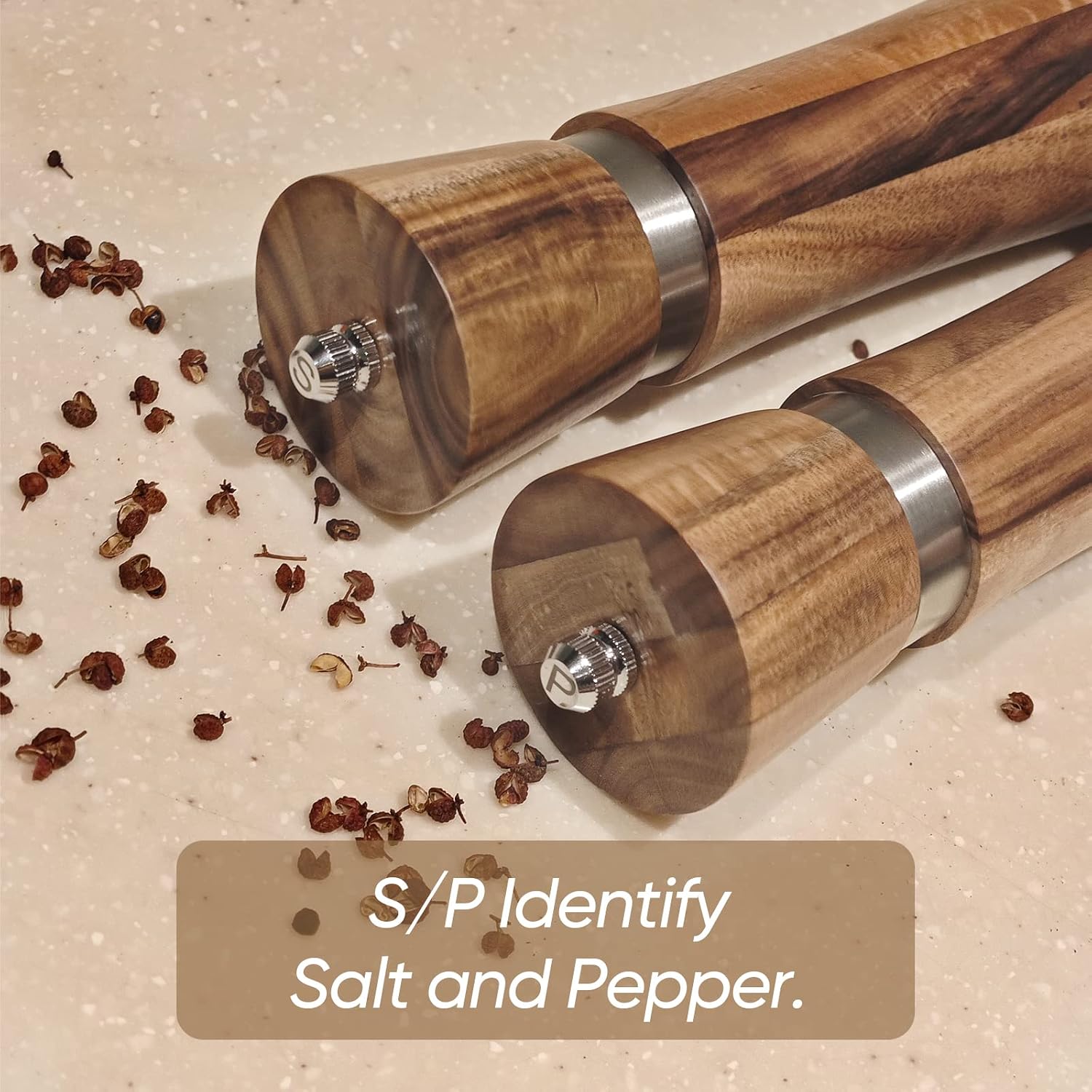 Wooden Salt and Pepper Grinder Set,Acacia Wood Salt and Pepper Grinder Set,Wooden Salt and Pepper Set with Ceramic Core,Salt and Pepper Grinder Set,Pepper Grinder Wood,Adjustable Coarseness,8 Inches