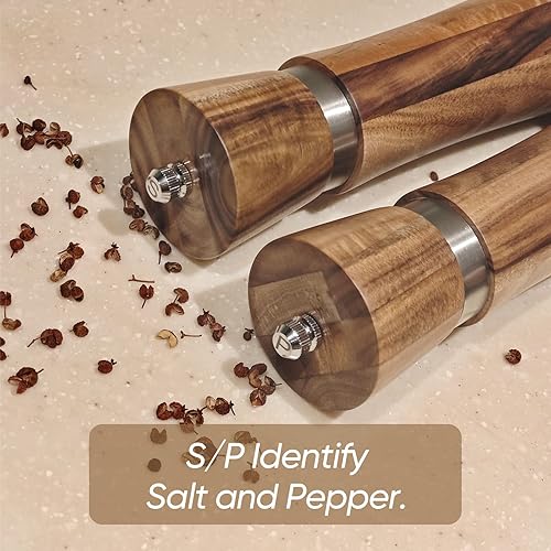 Miniatura 7 de Juego de molinillo de sal y pimienta de madera, grosor ajustable de 8 pulgadas, molinillo de pimienta recargable, madera de acacia artesanal,