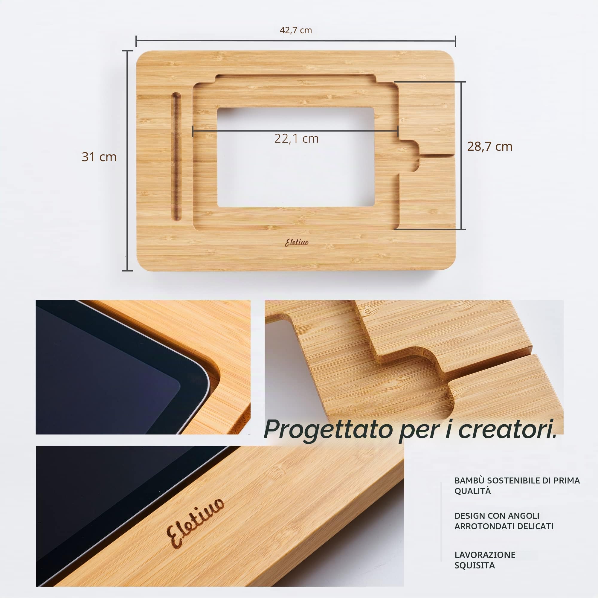 ELETIUO Supporto per iPad da disegno in legno di bambù aggiornato con slot per matita e cavo di ricarica, tablet desktop regolabile multi-angolo, supporto portatile pieghevole, compatibile con iPad