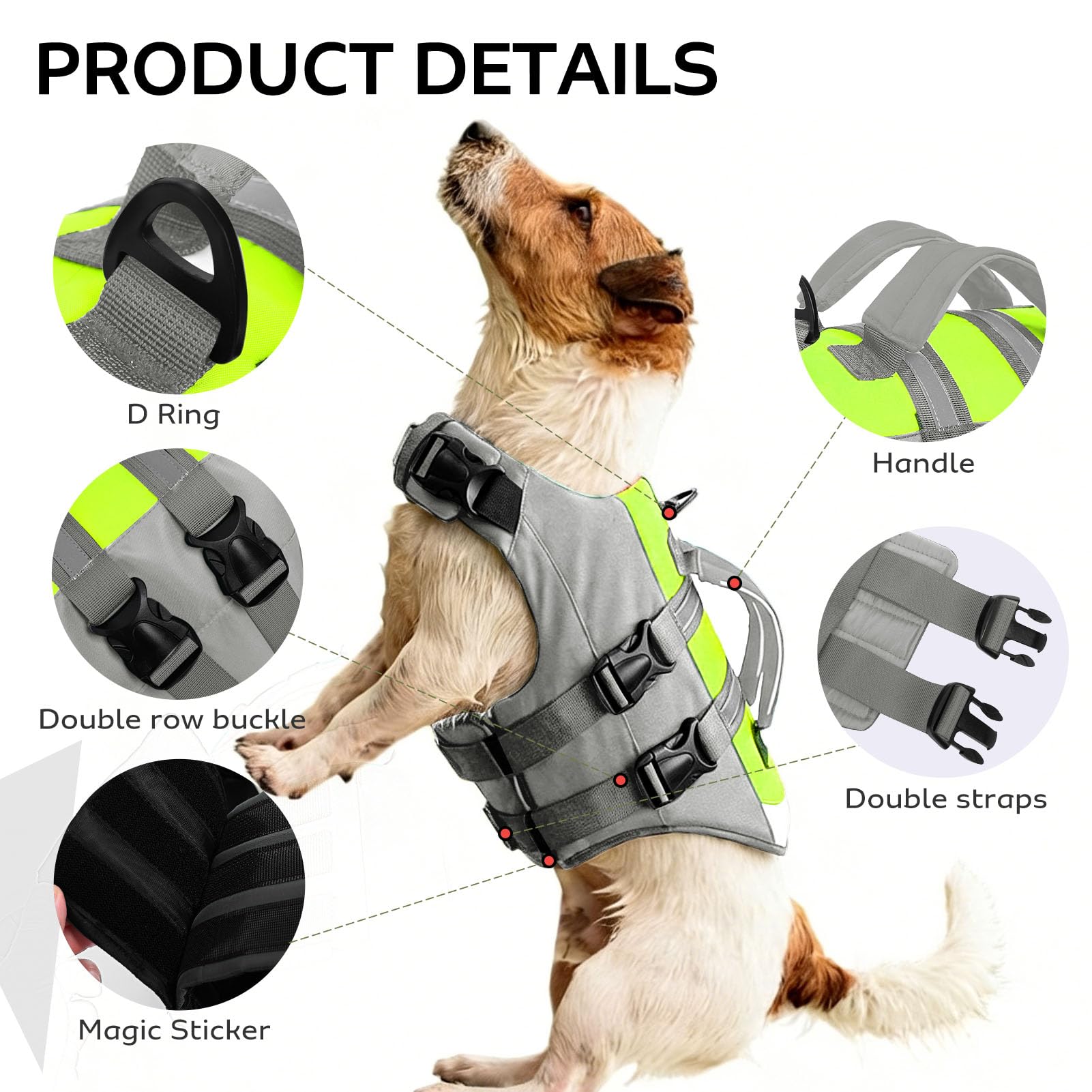 CITÉTOILE Chaleco Salvavidas para Perros con Doble Asa - Chaleco Reflectante Flotante con Asas Reforzadas y Correas Ajustables para Natación, Barco, Gris, XL