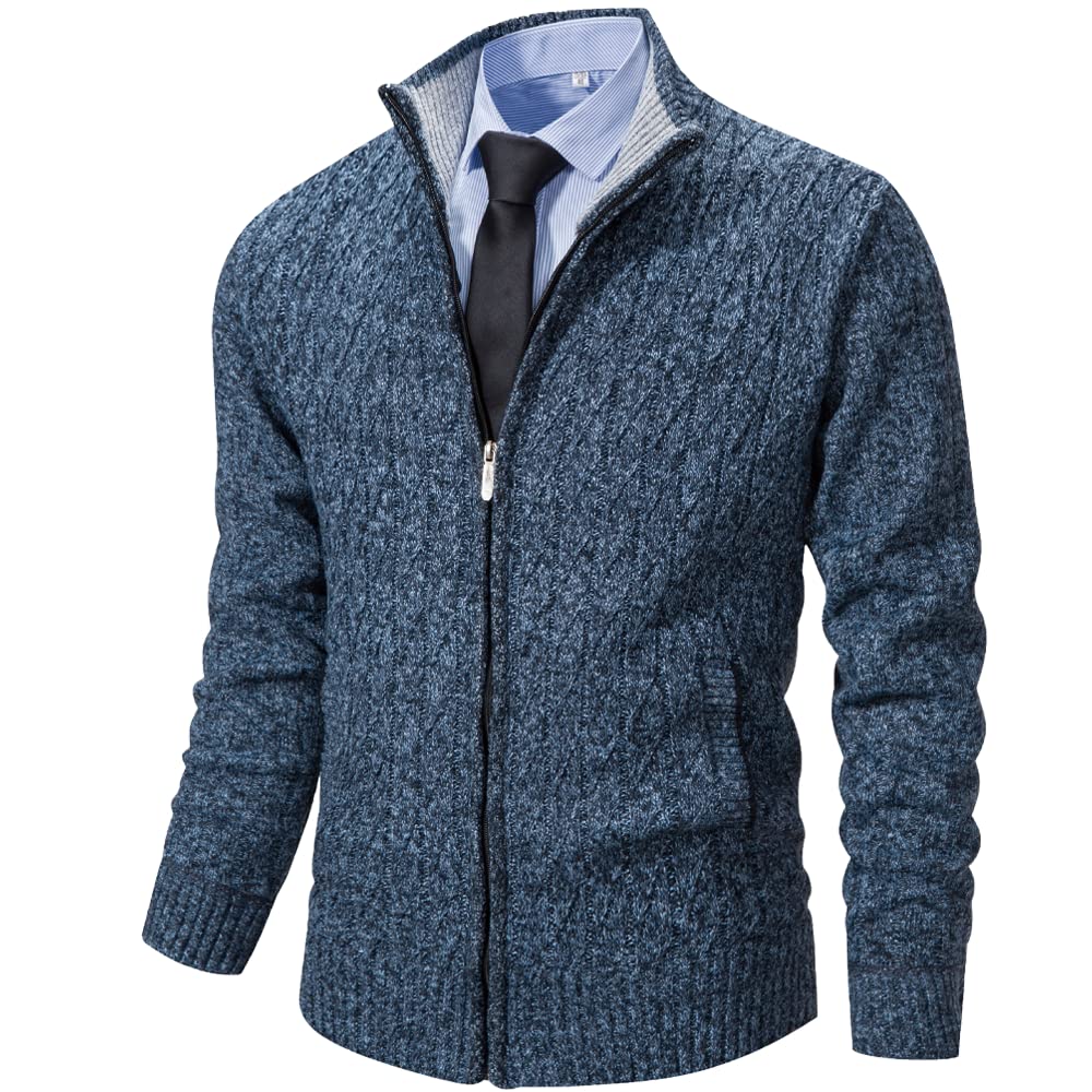 Mens Cardigan Sweaters Full Zip Up Stand Collar Casual Knitted Sweater with 2 Front Pockets