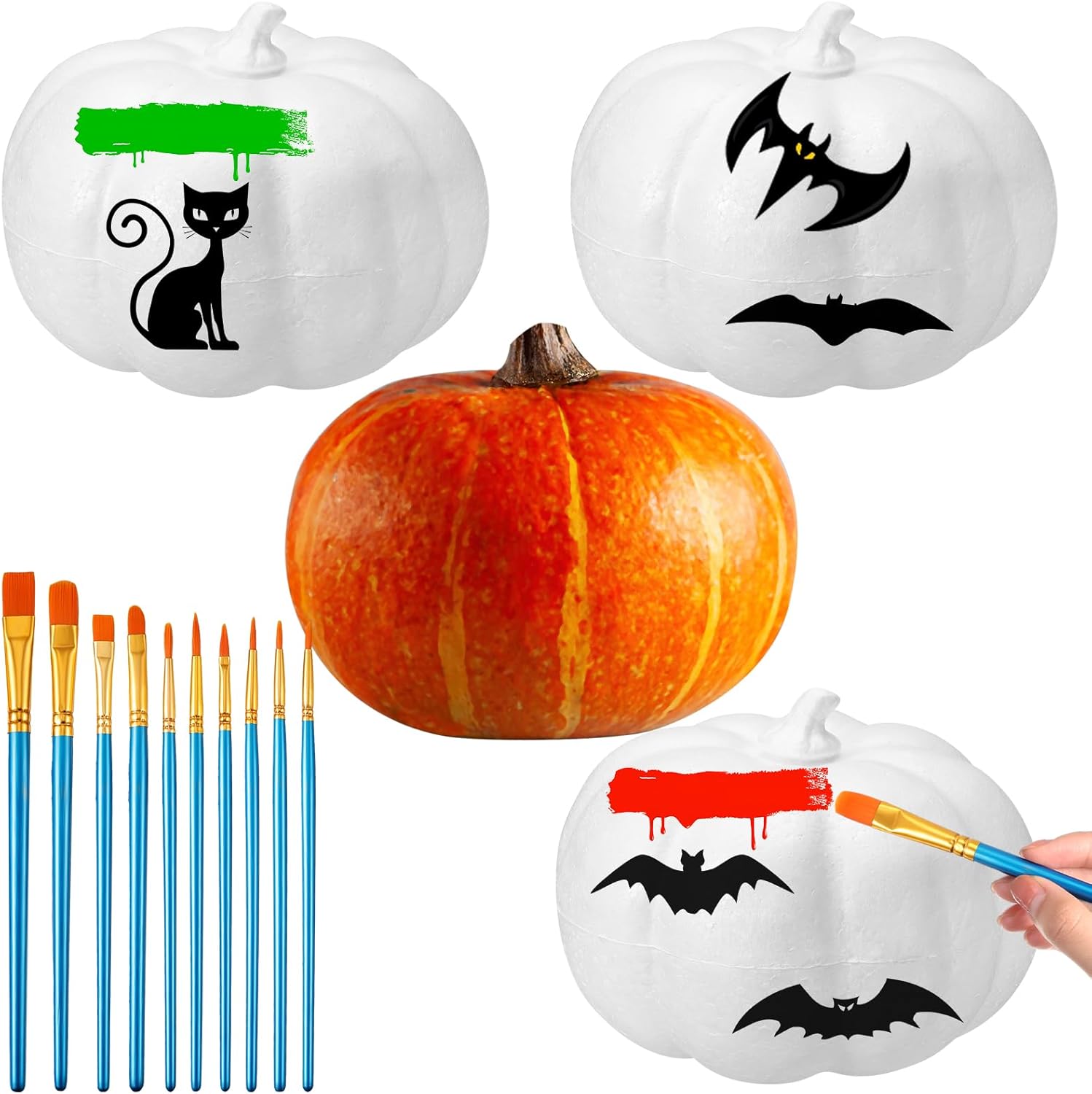 Thyle 4 Pieces 8 Inch White Foam Pumpkins Artificial DIY Fake Pumpkins with 10 Acrylic Paint Brushes Halloween Autumn Fall Harvest Thanksgiving Decoration Ornament
