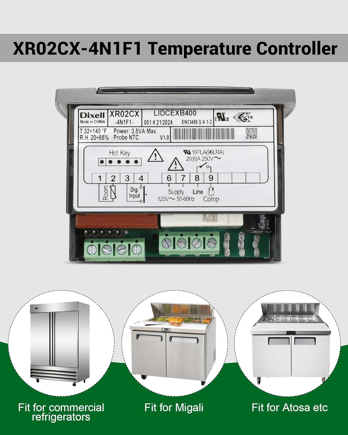 for Dixell XR02CX-4N1F1 Temperature Controller, Replace for Dixell Temperature Controller Fit for 120V 50-60hz Commercial Refrigerators/Freezer, with Temperature Sensor Probes & Clasp