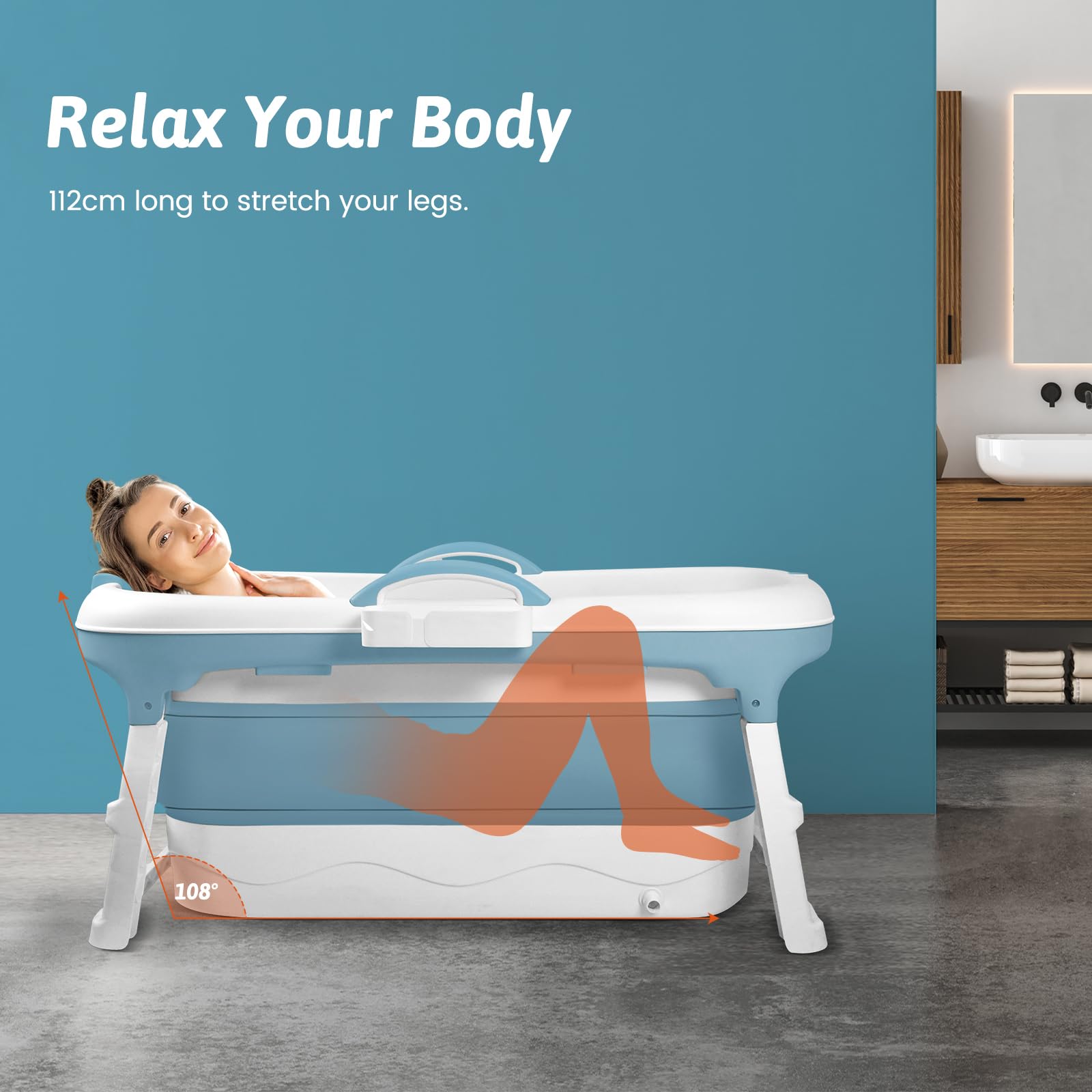 Baignoire Pliable pour Adulte - 128 x 62 x 52 cm - Mobile Avec Couvercle - Panier à Savon Portable - Roulettes de Massage - Idéal pour Petites Salles de Bains