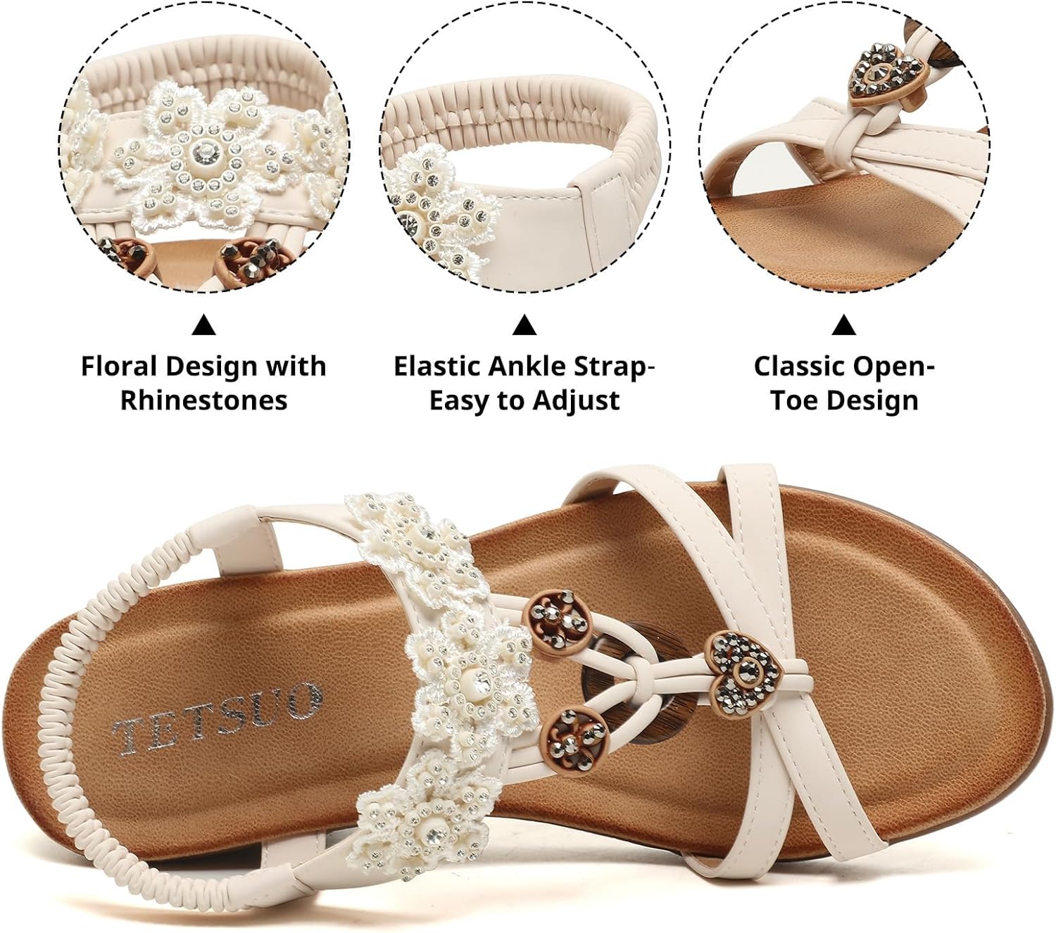 TETSUO Women Wedge Sandal Flower Low Heels Sandals Comfortable Summer Beach Walking Rhinestone Shoes for Women Open Toe Ankle Elastic Back strap T-Strap Dressy Bohemian Shoe - Image 5