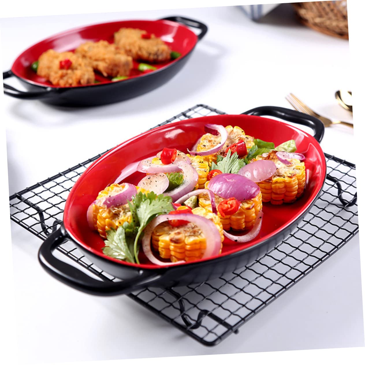 iplusmile 2 Piezas Bandeja de Cerámica para Hornear con Doble Asa Resistente al Calor Plato Decorativo para Asar para Lasaña Queso y Ensaladas Material Duradero y Antiadherente Diseño