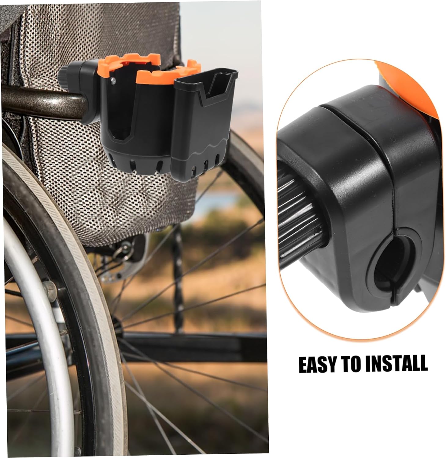 Walker Cup Holder for Wheelchairs and Rolling Walkers Compatible with Easy Installation for Seniors Black and Orange Color