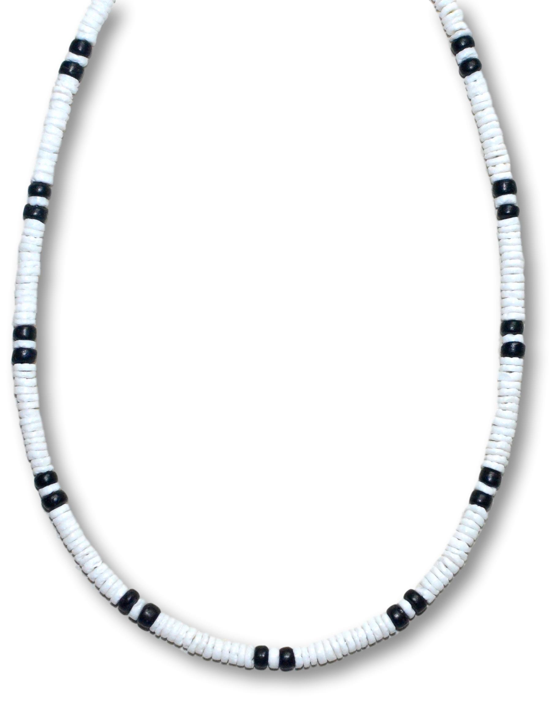 Native TreasureMens and Womens Summer Beach Surfer Necklace From the Philippines, Smooth White Clam Heishe Ark Shells and Black Coconut Beads